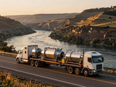A powerful wide-angle shot of a flatbed truck carrying heavy industrial equipment along a winding Columbia River Gorge highway at sunrise, early morning golden light