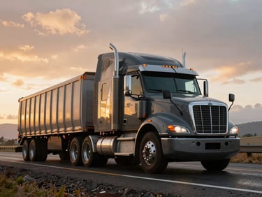 Low-angle heroic shot of a clean, dark-grey heavy-haul truck parked on a wet highway during early morning golden hour, dramatic Oregon sky in the background, sharp focus, 35mm