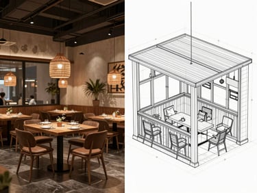 Split-screen visualization showing a 3D restaurant render on the left and its corresponding millimeter-precise CAD wireframe on the right.