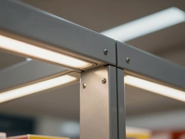 Close-up macro shot of a physical mall kiosk structural joint, polished aluminum and integrated LED strip, crisp daylight.