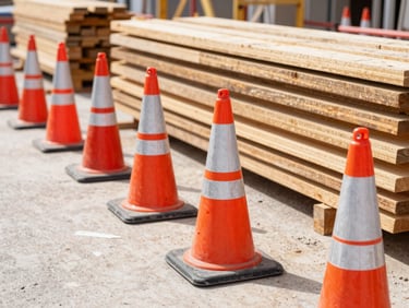 A clean, organized construction site with safety cones and neatly stacked timber, bright daylight, sharp focus.