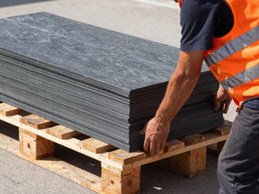 Worker in high-visibility vest organizing heavy materials on a sturdy wooden pallet, close-up, sharp focus.