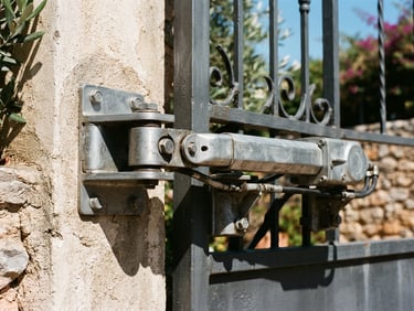 Close-up of a solid steel gate hinge and automatic motorization arm, bright Mediterranean sunlight, sharp metallic shadows, 35mm
