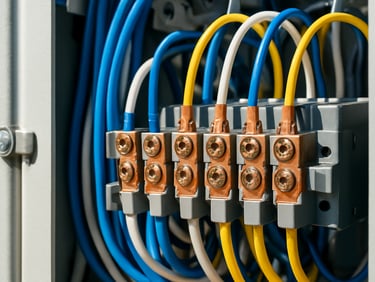 Macro shot of clean electrical wiring inside an outdoor automation control panel, precise copper terminals, bright daylight, 35mm