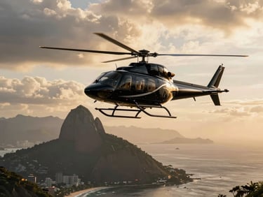 A luxury black executive helicopter flying high above the Rio de Janeiro coastline, dramatic golden hour clouds in the background, cinematic framing.
