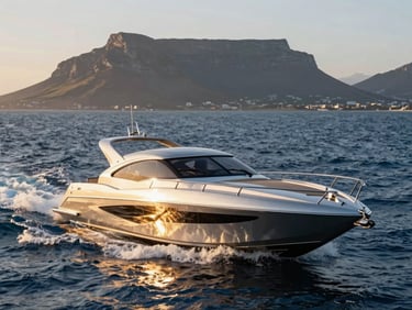 A sleek modern luxury speedboat cruising through deep blue ocean waters near the Sugarloaf Mountain, warm sunset light reflecting off the metallic hull.