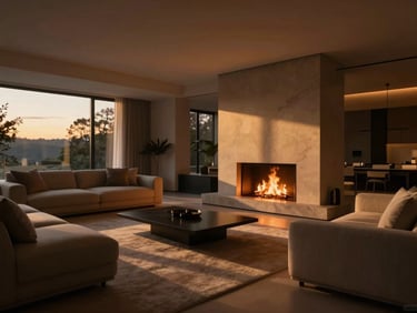 Cinematic wide-angle view of a modern luxury living room, soft twilight shadows, subtle camera track motion feel, warm fireplace glow.