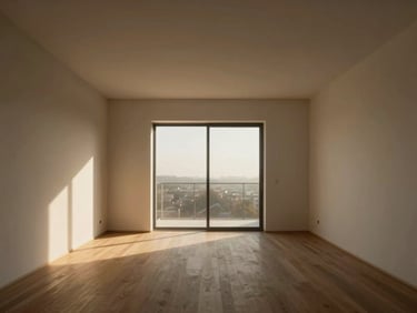 Architectural virtual reality tour preview, clean minimalist apartment interior, perfect symmetry, soft natural overcast light.
