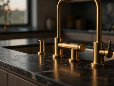 Close-up of premium kitchen materials, brushed brass fixtures, dark marble countertop with subtle light reflections, twilight atmosphere.