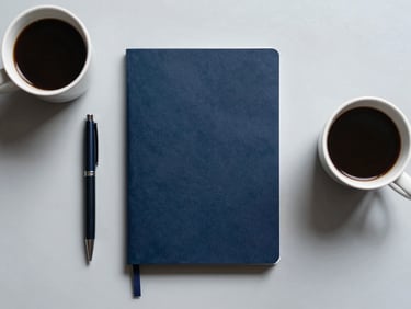 Overhead flat-lay of a minimalist dark blue notebook, a sleek pen, and a single cup of black coffee on a clean light gray desk, soft morning daylight, sharp shadows.