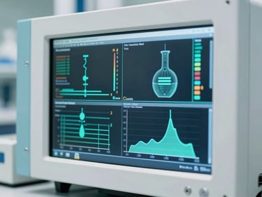 High-resolution display showing complex data plots and bioprocess simulations, soft teal ambient light, 35mm