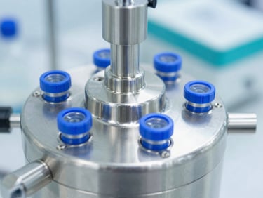 Macro shot of a stainless steel bioreactor headplate with clean blue-lit ports and sensor connections, clinical laboratory setting, bright white light, 35mm.