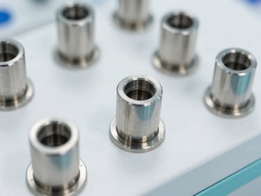 Close-up of stainless steel bioreactor ports, clinical white light, pale blue accents, sharp macro focus, 35mm