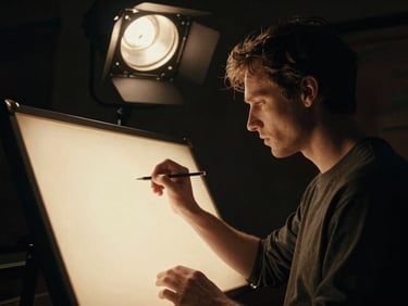 Cinematic portrait of a male animator at a lightbox, warm overhead spotlight, hands holding a pencil, rich moody tones, 35mm grain.