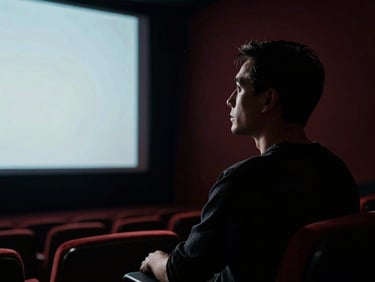 Cinematic portrait of a male director looking at a projector screen in a dark theater, high-contrast silhouette, dramatic lighting.
