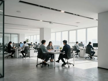Spacious corporate office environment, professional collaboration around a table with charts, natural light, cool tones, 35mm