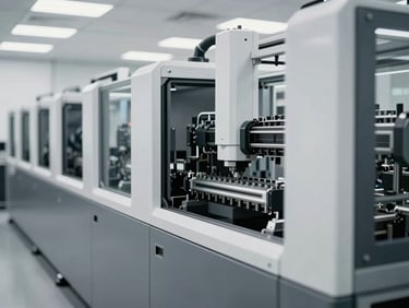 Modern industrial manufacturing line, clean automated machinery, sharp focus, cool desaturated tones, 35mm