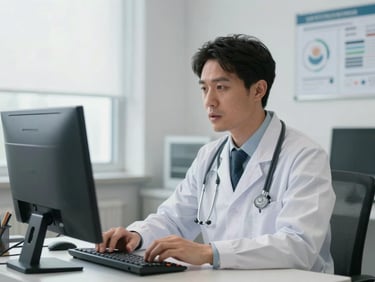 A medical professional in a bright, clean clinical office speaking during a high-definition video consultation on a desktop monitor, showing charts on screen