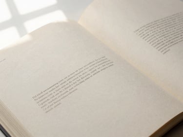 Tactile overhead flat-lay of an open hardcover book showing elegant serif typography on thick cream-colored archival paper, soft natural window light casting gentle shadows, 35mm photography