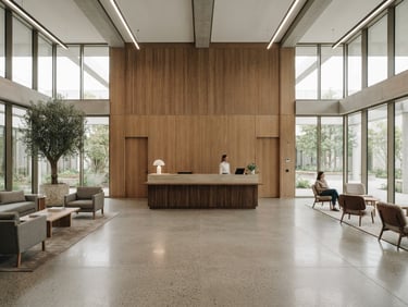 Wide-angle architectural interior photography of a modern commercial office lobby with straight-on perspective, soft diffused daylight, concrete floor, minimalist oak paneling.