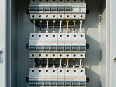 Tight macro shot of a complex industrial electrical panel, with clean, cool-toned utility lighting, showing intricate wiring and circuit breakers.