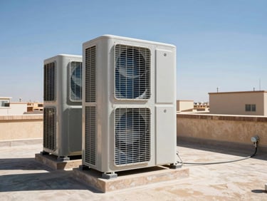 Wide shot of a large commercial HVAC unit on a rooftop in bright desert daylight, with clear blue sky and sharp shadows.