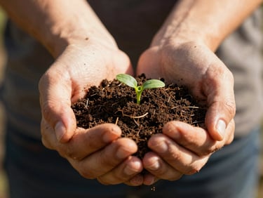 Close-up of hands holding rich dark organic soil with small green sprouts emerging, warm morning sunlight, shallow depth of field, tactile textures