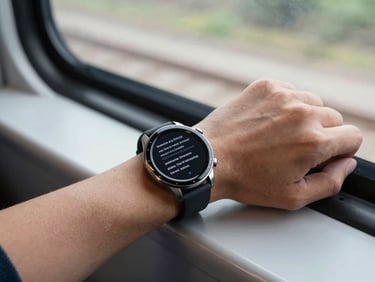 Wrist-worn Wear OS watch seen during a commute, arm resting on a train window ledge, screen lit with vocabulary text, natural daylight, environmental context
