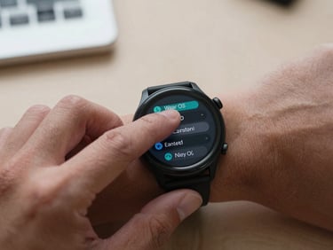 Close-up of fingers navigating Wear OS watch screen settings menu, watch on wrist, neutral desk background, studio light, crisp detail