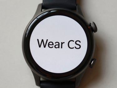 Overhead flat-lay of a Wear OS smartwatch face showing a single bold word centered on screen, neutral light background, close crop