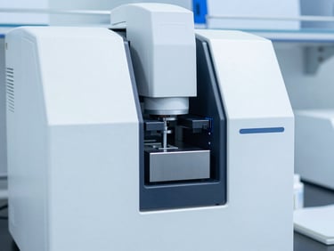 Crisp clinical photography of a high-performance liquid chromatography machine in a sterile white laboratory, cool blue tones, sharp focus, 50mm lens.
