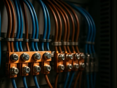 Macro shot of a modern electrical panel with perfectly organized, parallel wire routing and clean copper connections under sharp directional work light.