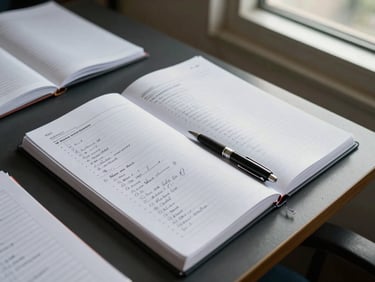 Close overhead shot of an open course binder on a seminar table: printed module schedule visible with handwritten annotations in margins, a pen resting on the page, natural window light from the right, other notebooks and printed sheets partially visible at frame edges, no people visible, documentary framing