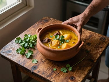 Overhead study of a small kitchen table with a clay pot of moqueca, a hand resting on the rim, fresh coriander scattered on a worn wooden surface, warm window light from the left — documentary framing, no props, no staging