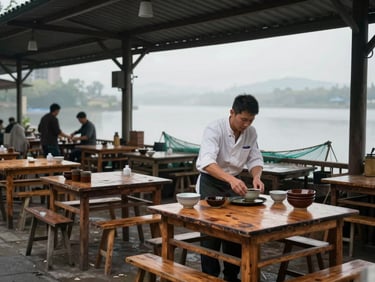 Early morning overcast light, a small open-air local restaurant at Pipa, wooden tables outside, a cook arranging ceramic bowls, fishing nets visible in the background, human scale and working environment, no staging