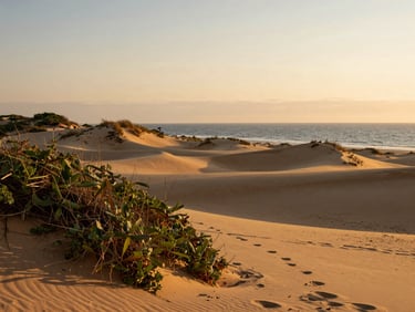Golden hour wide shot of Pipa's coastal dune ridge, native vegetation in the foreground, Atlantic ocean beyond, warm ochre light on the sand, no people, landscape-first framing