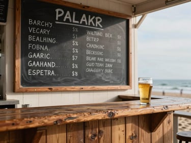 Close detail of a worn wooden counter at a beach bar, an old hand-lettered chalkboard menu mounted above it, a glass of cold beer catching late afternoon coastal light — the bar interior faded and honest, no staging, overcast sky visible through open side