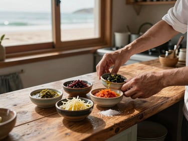 Hands arranging small ceramic bowls of local condiments on a worn wooden counter inside a low-lit beach-side kitchen, late-afternoon window light cutting across the surface, textures of salt, oil, and clay visible
