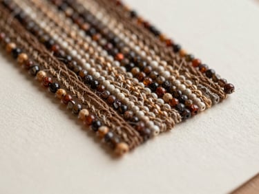Close macro of a hand-beaded yarn painting detail, tight threads and beads in earthy warm tones catching soft natural light, resting on a neutral cream surface, no background clutter