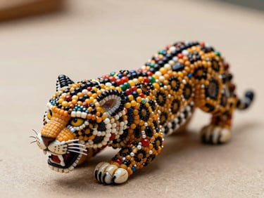 Close-up of a hand-beaded spiritual animal figure — perhaps a jaguar or eagle — resting on a neutral warm surface, bead colors rich and saturated under soft natural daylight, macro detail showing individual beads, no background props