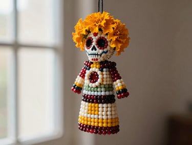 Close macro of a Día de Muertos hand-beaded figure or ornament, vibrant bead colors — marigold, deep red, ivory — on a neutral warm background, natural window light, no lifestyle context, detail-focused framing