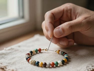 Extreme close-up of a maker's hands threading tiny seed beads onto a needle over a half-finished bracelet, warm daylight from a window to the left, shallow depth of field isolating individual bead colors, neutral linen surface below, no styled props