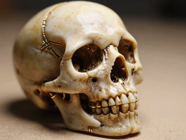 Extreme close-up of a hand-beaded skull sculpture resting on a neutral warm surface, deep black and ivory beads with gold accents, warm natural side-light revealing bead texture and relief, no lifestyle context, no background props