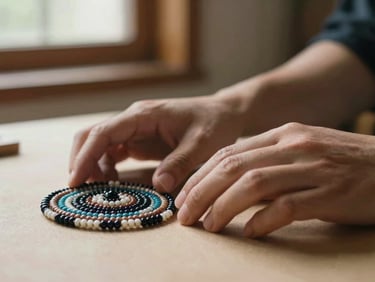 Intimate close-up of Yuzen's hands resting beside a finished beaded object on a warm neutral surface, warm natural window light, the hands still and present, shallow depth-of-field with soft background