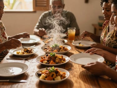 A wooden dining table laden with traditional Bahian dishes, steam rising, hands sharing plates, warm indoor lighting