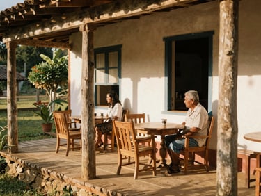 Medium environmental shot, dappled afternoon sunlight, a quiet veranda of an authentic colonial guesthouse with rustic wooden furniture in Minas Gerais.