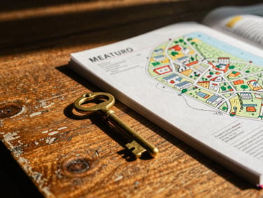 Close-up shot, deep atmospheric shadows, a brass key resting on a weathered wooden table beside a hand-drawn neighborhood guide.