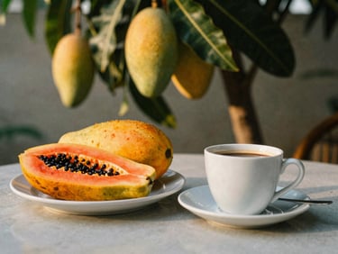 Candid close-up shot, soft morning light, a simple breakfast table set with fresh papaya and coffee under a shady mango tree.