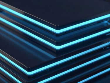 Abstract 3D render of layered, glowing glass panels, dark navy and neon blue, showing depth and complexity.