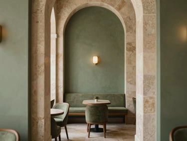 Elegant interior design detail of a boutique hotel lounge, muted olive and stone tones, warm editorial photography, 35mm